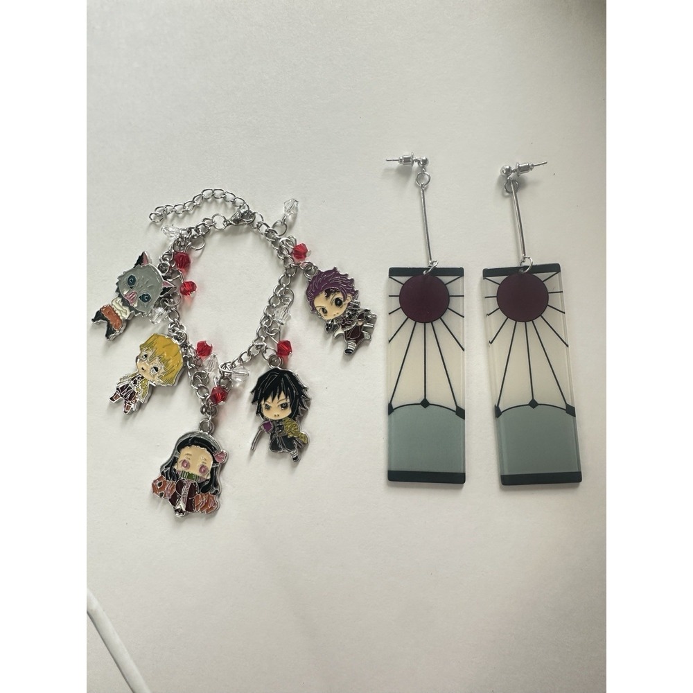 Demon Slayer Charm Bracelet and Tanjiro Hanafuda Earrings Set